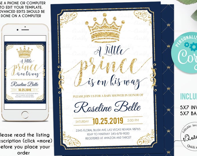 EDITABLE Prince Baby Shower Invitation, Crown Navy and Gold Boy Invite, Little Prince Invitations Instant Download Template Digital