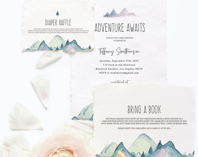 Adventure Awaits Baby Shower Invitation Template, Mountain Shower Set Cards, Diaper Raffle & Bring a Book, Try Before You Buy #0167_3
