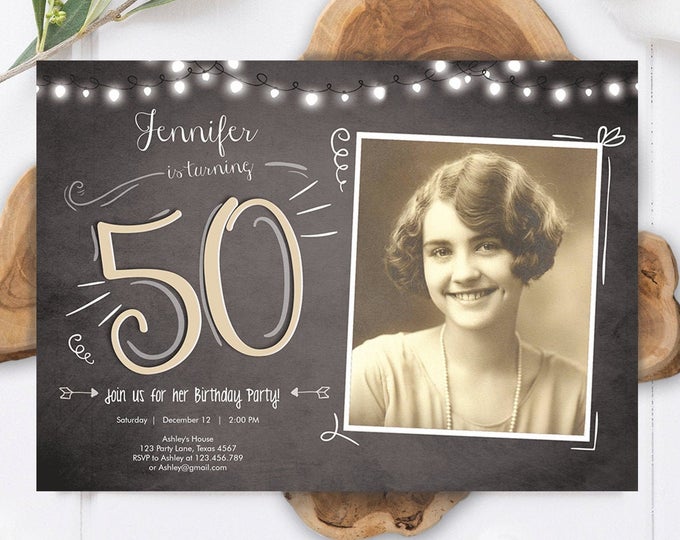 Editable 50th Birthday Invitation Vintage Chalk Rustic Adult Birthday Invitation Fifty Download Printable Invitation Template Corjl 0230