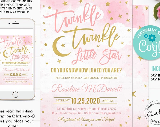 EDITABLE Twinkle Twinkle Little Star Baby Shower Invitation, Girl Baby Shower, Pink and Gold invites, Instant Download Template Digital