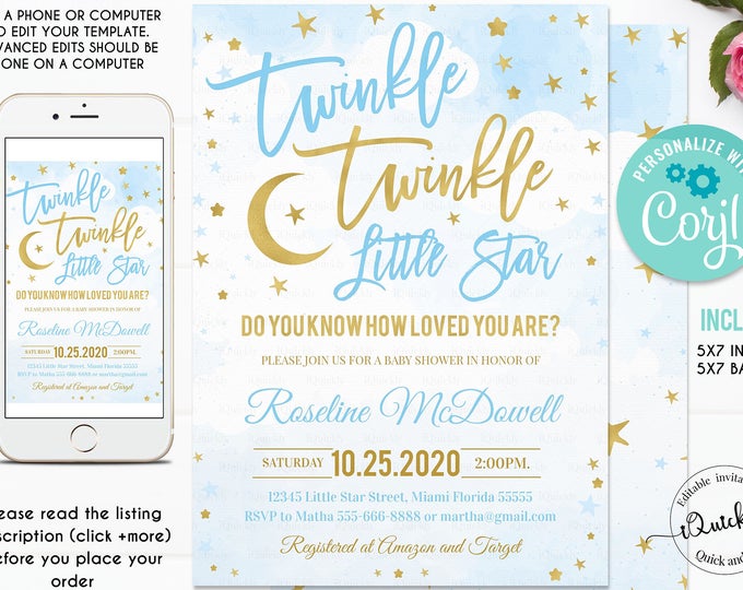 EDITABLE Twinkle Twinkle Little Star Baby Shower Invitation, Boy Baby Shower, Blue and Gold invites, Instant Download Template Digital