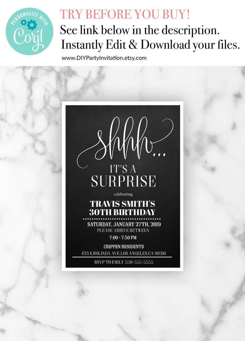 Surprise 30th Birthday Invitation, Mens Birthday Party Invitations, Mens Party Invite, Any Age, Editable Birthday Invitation Template