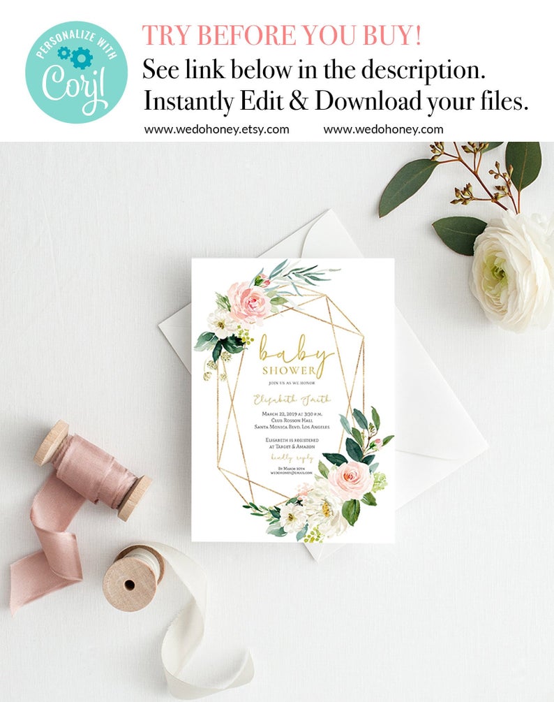 Gold Blush Floral Baby Shower Invitation Printable, Instant Download, Editable, 5×7” and 4×6” #058