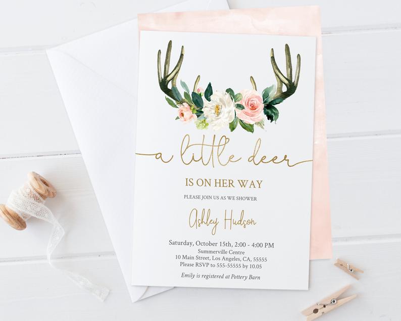 Baby Shower Invitation, Printable, Baby Shower Girl, Editable Template Corjl, Woodland, Deer Antlers Horn, Dusty Blush Gold Floral, DBB04 $7.94