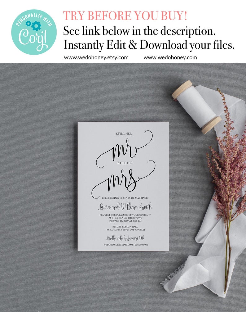 Calligraphy Anniversary Invitation Template, Mr and Mrs Renew Vows, Still her and Still His, Fully Editable, Any Color #WDH070