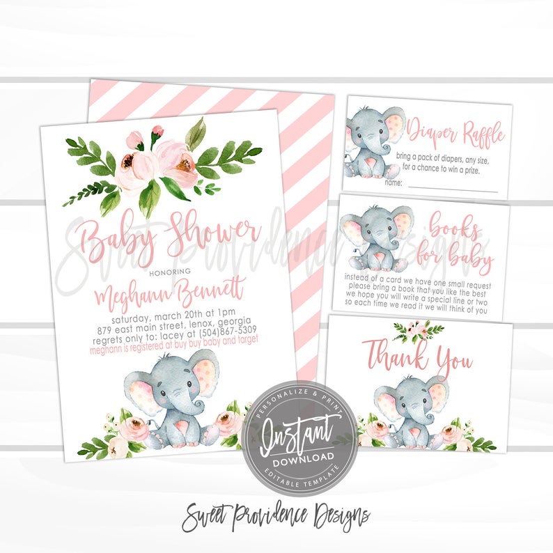 Elephant Baby Shower Invitation Kit, Safari Floral Invitation Set, Editable Shower invitation Suite, Girl Elephant Invite, Instant Access