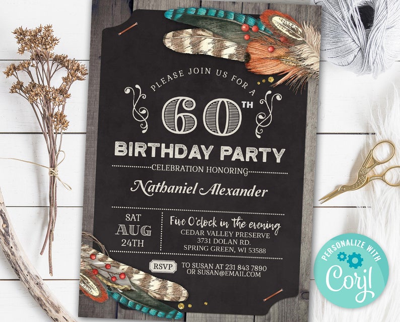 60th Birthday Invitation SIXTY Invite Hunting Rustic Party Wood Digital INSTANT Download 5×7 Editable adult mens male boy guys