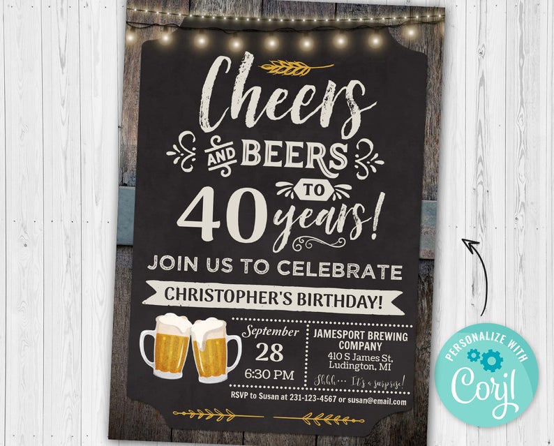 40th Cheers and Beers Birthday Party Invitation FORTY Chalkboard & Wood Digital INSTANT Download 5×7 Editable adult mens male boy guys