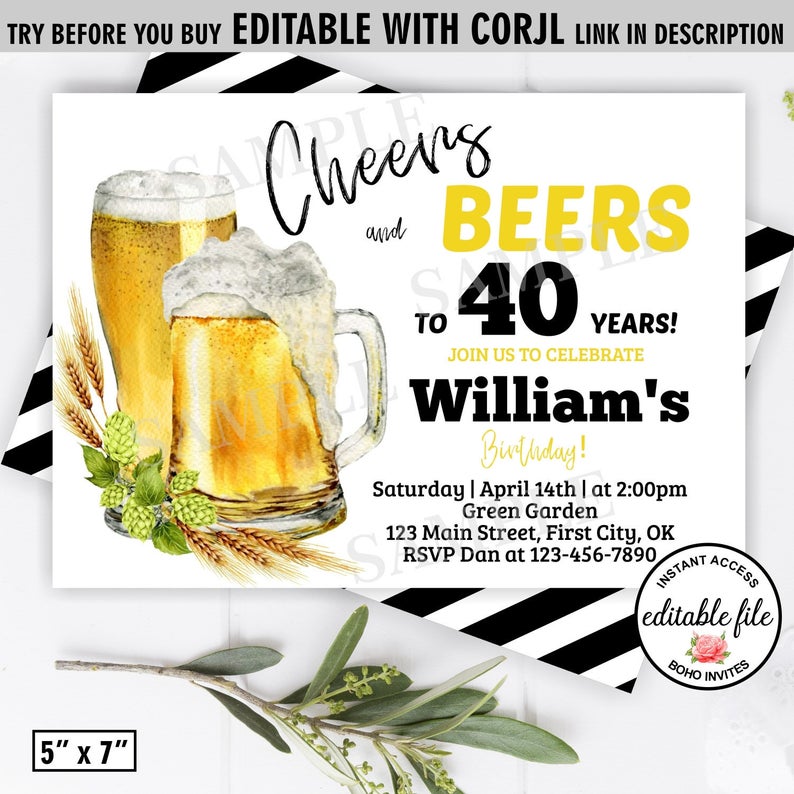 Beer / birthday / Invitation / invite / instant access / wood / 30th 40th 50th 60th / BBQ / rustic / farm / lights / Corjl /BDBeer2