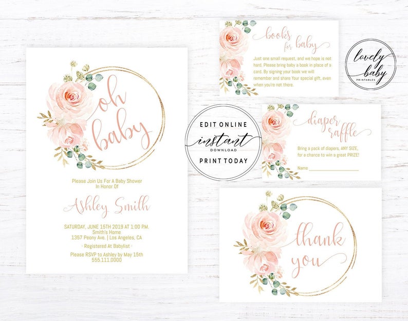 Editable Invitation Blush Pink Floral Baby Shower Invitation Printable Baby Shower Invitation Template Baby Girl Shower Invitation Bundle