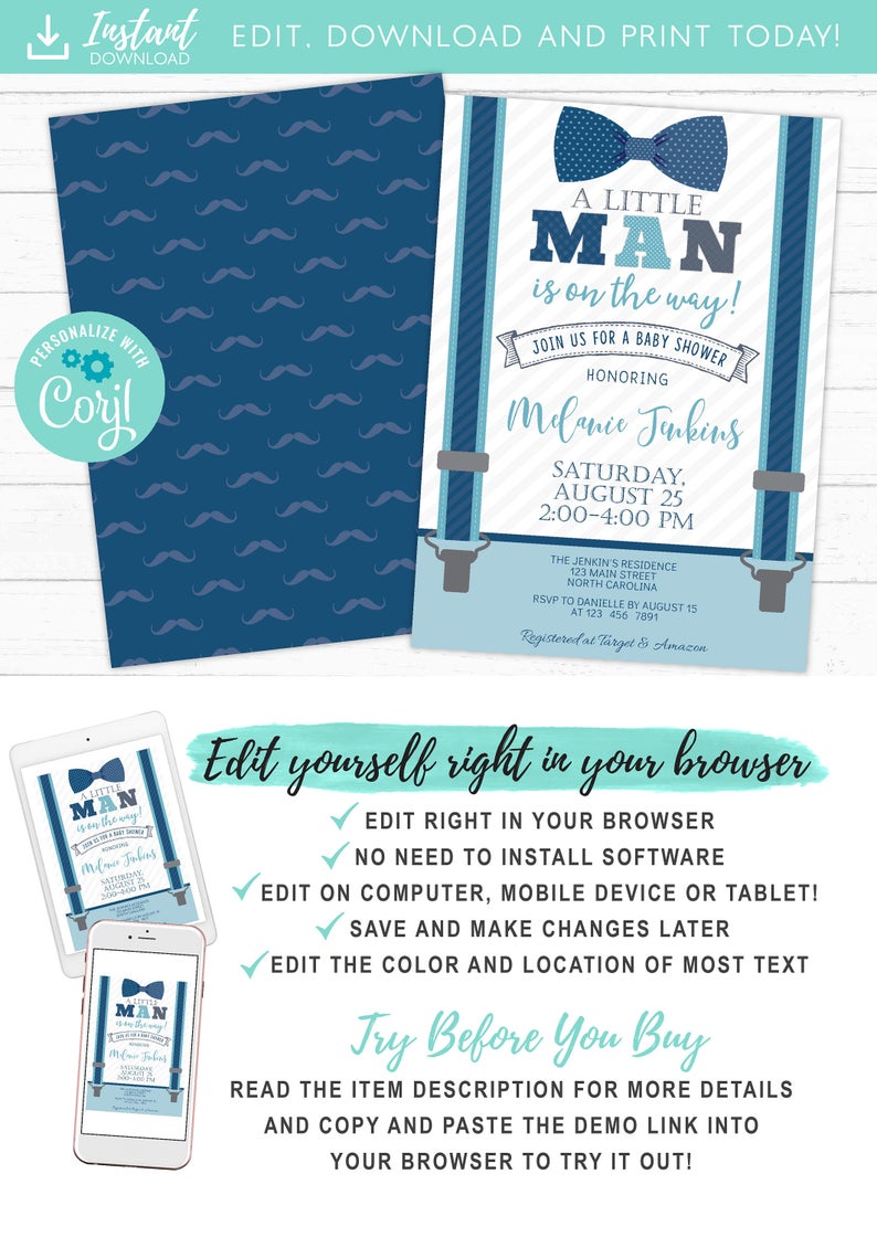 Little Man Boy Baby Shower Invitations, Bow Tie Mustache Little Man Invitations, Corjl Editable Template Invite Instant Download