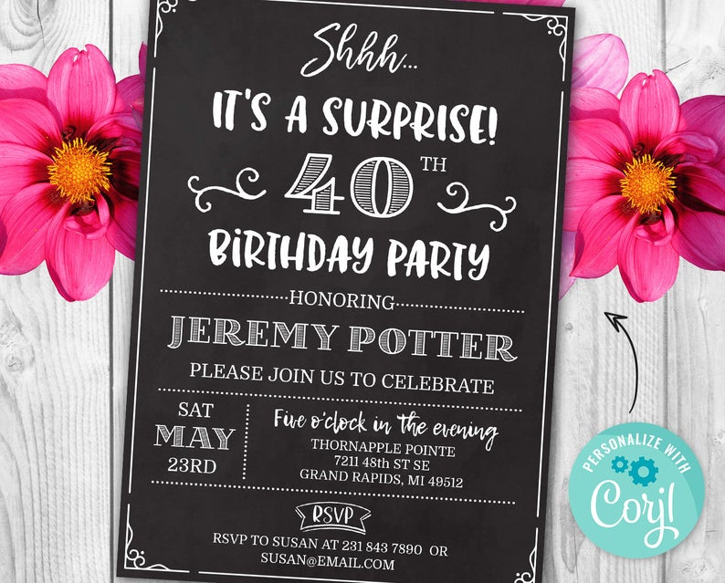 Surprise 40th Birthday Invitation FORTY Invite Party Chalk Board Digital INSTANT DOWNLOAD 5×7 – Editable – adult mens womans