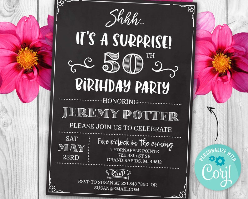 Surprise 50th Birthday Invitation FIFTY Invite Party Chalk Board Digital INSTANT DOWNLOAD 5×7 – Editable – adult fifty mens womans male