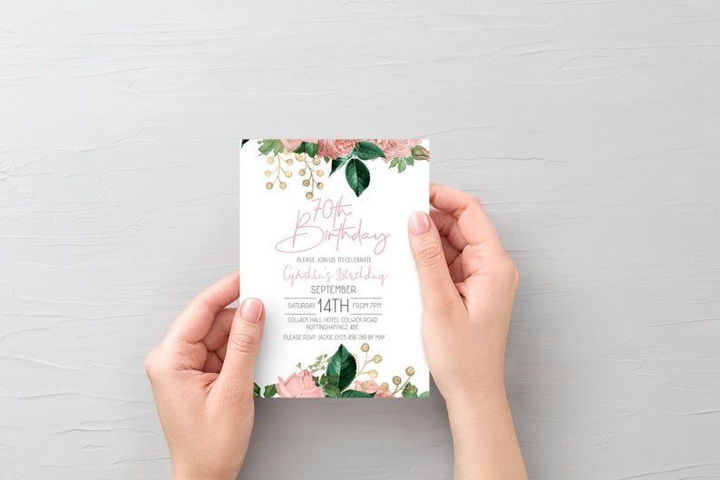 70th Birthday Invitation with Blush and Pink Flowers Birthday Invitation Instant Download Printable