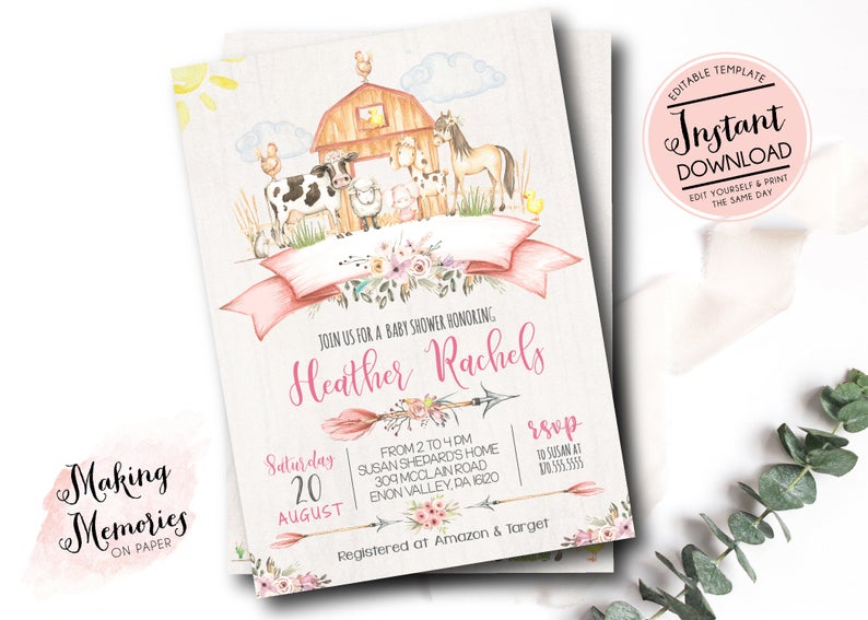 Farm Baby Shower Invitation, farm invitation, girl farm invite, baby animals baby shower invite, Edit yourself Template Instant Download