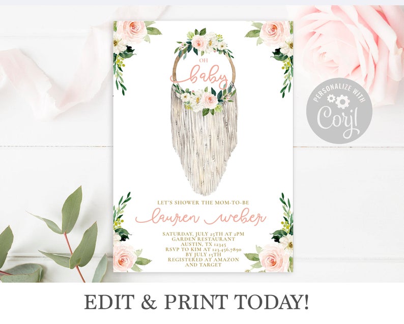 Boho baby shower invitation instant download, floral garden editable invite, macrame invitation template