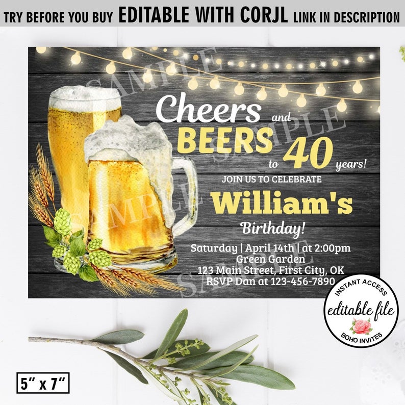 Beer / birthday / Invitation / invite / instant access / wood / 30th 40th 50th 60th / BBQ / rustic / farm / lights / Corjl /BDBeer1