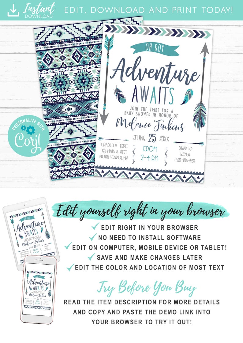 Tribal Arrows Boho Boy Baby Shower Invitation Adventure Awaits Dreamcatcher Invite Template