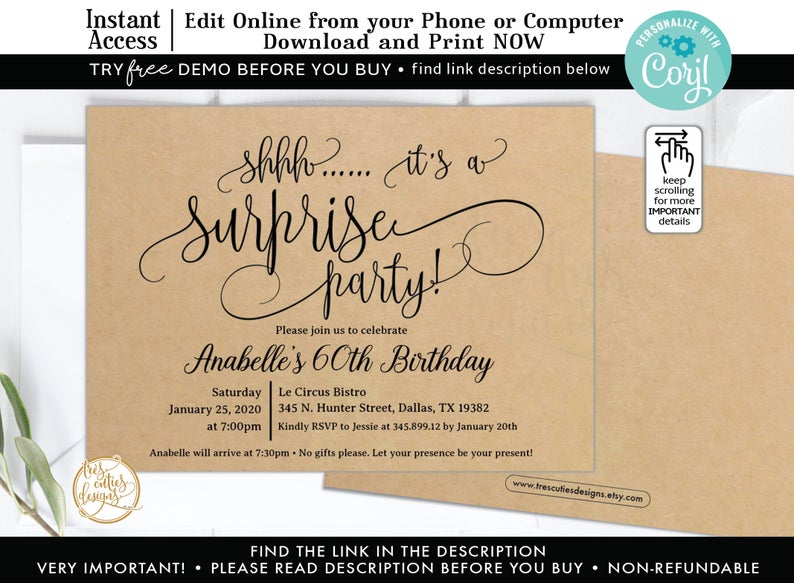 Surprise Birthday Invitation, Kraft Paper Invitation, Surprise Party Invitation, 60th Birthday Party, Edit from your Phone, Corjl, Editable