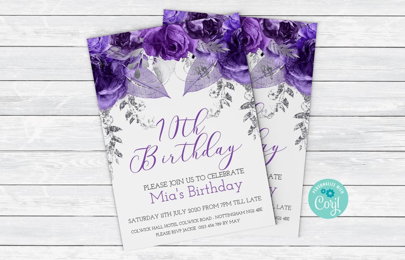 70th Birthday Invitation in Purple and Silver flowers Birthday Invitation Floral Birthday Invites Card 0056 Instant Download