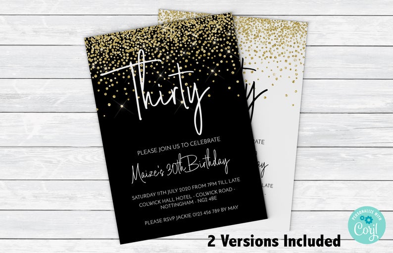 Printable 30th Birthday Invitation Faux Gold Glitter 30th Birthday Invite 105 Instant Download Printable