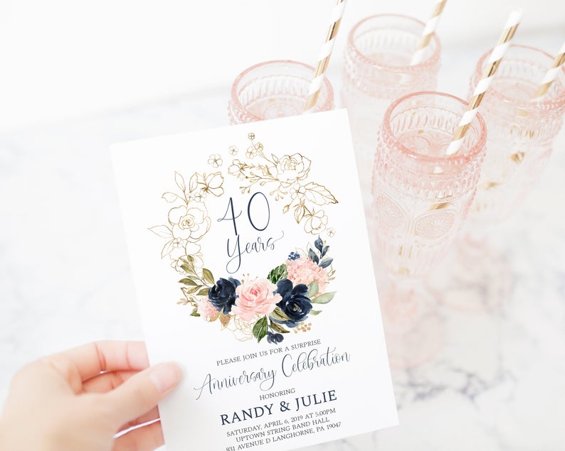 Anniversary Celebration Invitation Template , Wedding Anniversary Invitation, Navy Blush Vow Renewal, Floral Anniversary Party, Corjl, 333