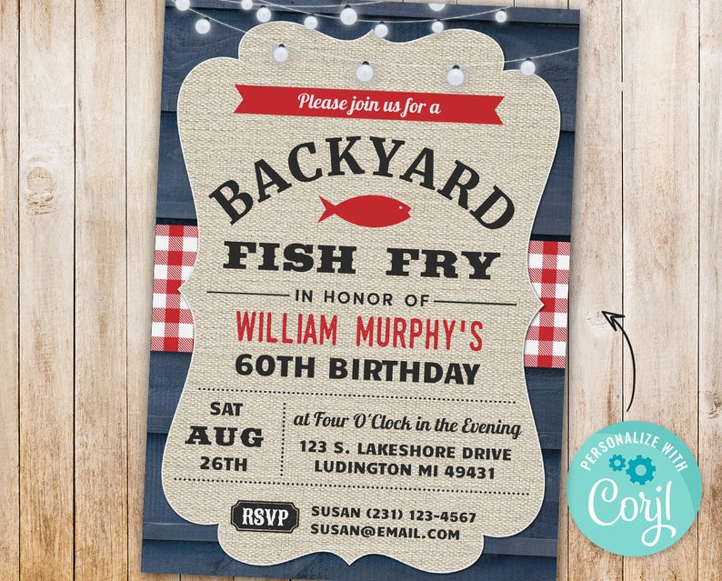 60th Back Yard Fish Fry Invitation – Birthday Party Invite SIXTY Digital Instant Download 5×7 Editable mens male woman womens