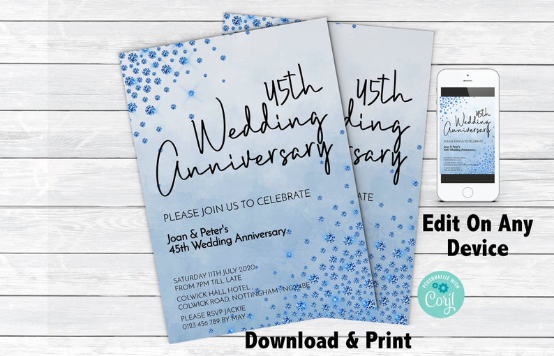 45th Anniversary Invitation Sapphire Wedding Instant Download Printable
