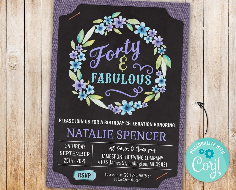 40th Purple Floral Birthday Party Invitation FORTY Chalkboard & Flowers Digital INSTANT Download 5×7 Editable womens girls