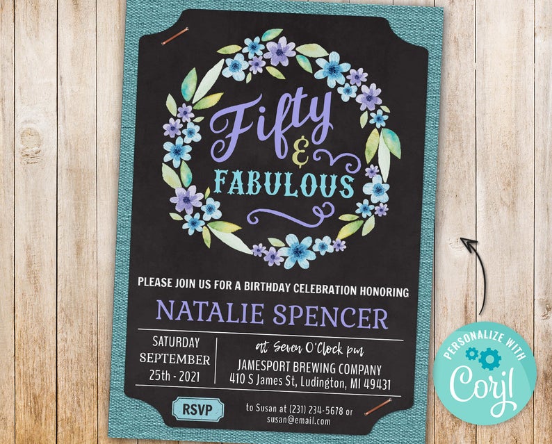 50th Purple Floral Birthday Party Invitation FIFTY Chalkboard & Flowers Teal Back Digital INSTANT Download 5×7 Editable womens girls