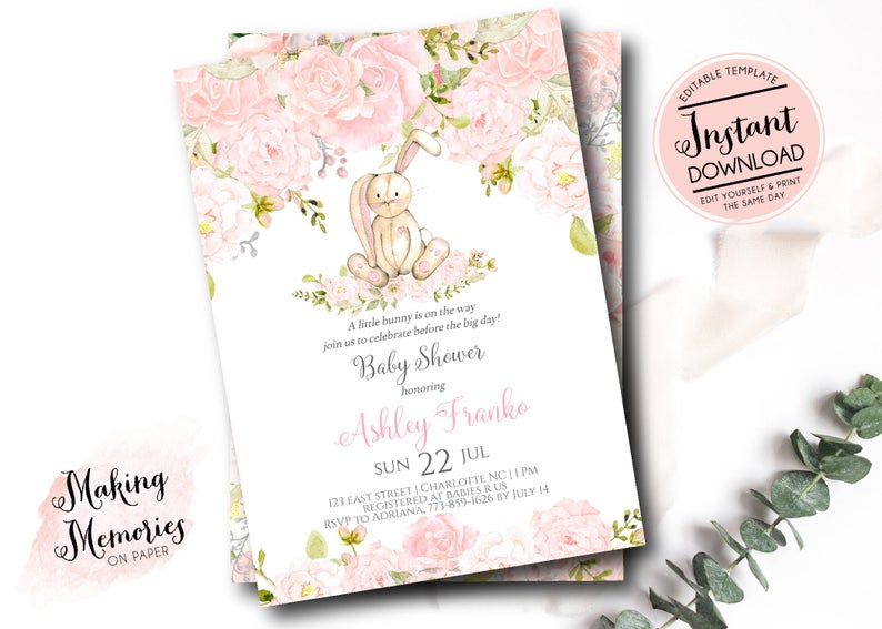 bunny baby shower invitation, Some bunny is one, easter invite, Its a girl, pink flowers, INSTANT download edit yourself, blush, b1