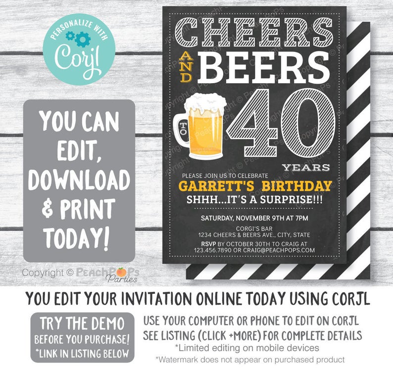 Cheers and Beers 40th Birthday Invitation ANY Age Surprise Chalkboard Birthday Party Men Women – DIGITAL Printable Invite 5 x 7 – Edit NOW!