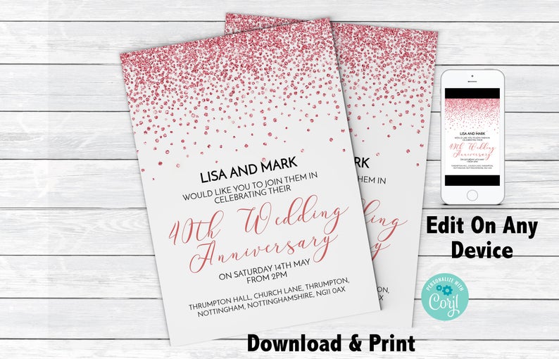 40th Anniversary Invitation for Ruby Wedding 0053 Instant Download Printable