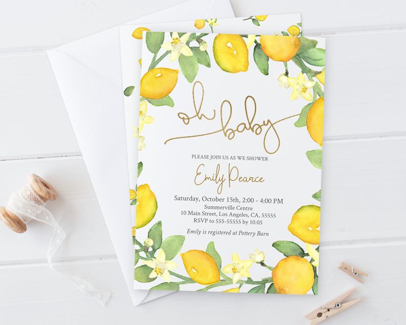 Oh Baby shower Invitation, Baby Shower Invite, Lemon Summer Watercolor, Gold Calligraphy, Editable Template Corjl