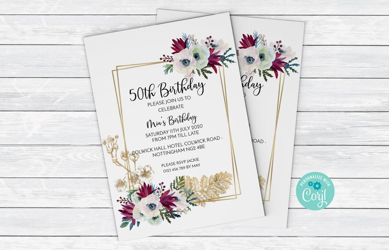 50th Birthday Invitation in Watercolor flowers Birthday Invitation with Floral Print Gold Frame Invite Watercolor Invites CardInstant Dow