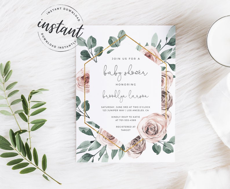 Baby Shower Invite, BOHO Rose Floral Baby Shower Invitation, baby shower,invitation template, digital download, printable invite, AI-50