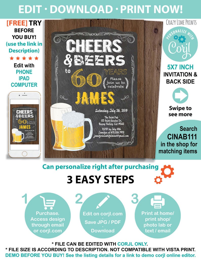 60th birthday invitation. Cheers to 60 years men birthday retro bar chalkboard invite. Instant Download. Editable PDF JPG digital. CINAB111
