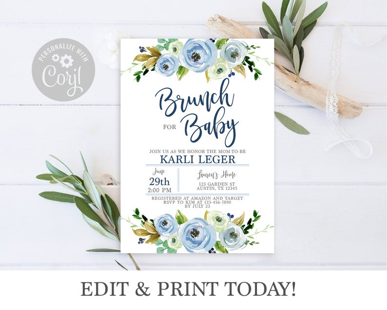 Brunch baby shower invitation boy, dusty blue floral invite, Editable baby shower invitation boy, Corjl invitation BL1