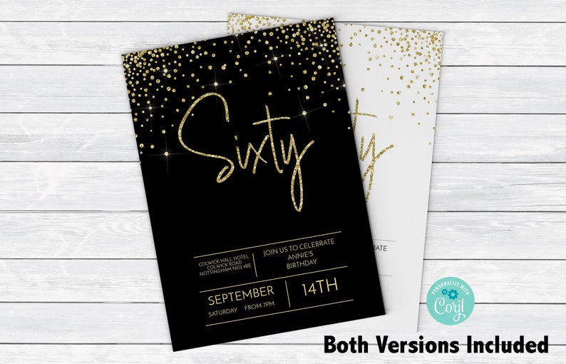 60th Invitation 60th Birthday Invitation Party Birthday Gold Glitter Instant Download Editable Invitation Printable Invitation