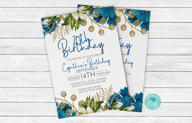 70th Birthday Invitation with Turquoise Flowers Birthday Invitation 0065 Instant Download Printable