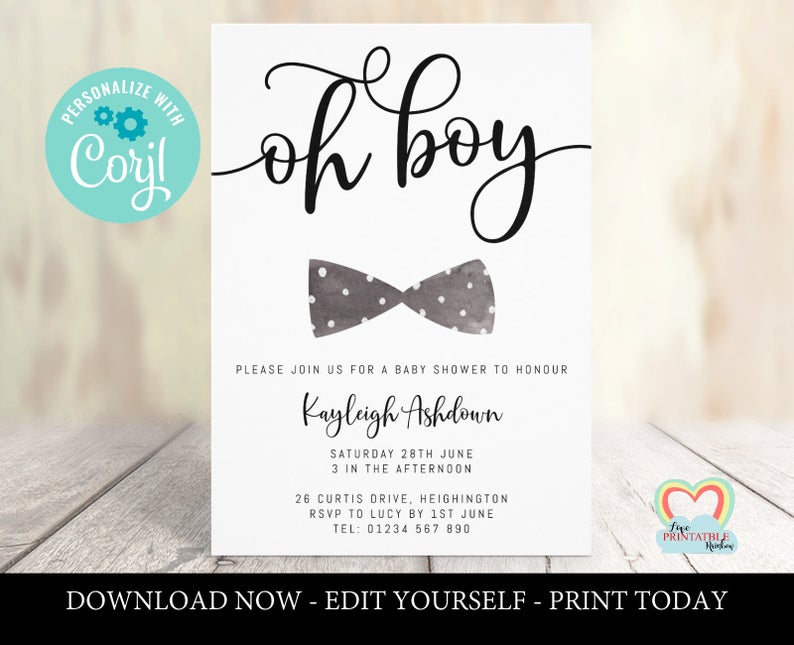 Little Man Baby Shower Invitation Editable Template Instant Download Oh Boy Baby Shower Invite Bowtie Invite edit with corjl minimalist