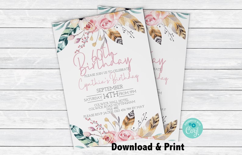 60th Birthday Invitation with Blush and Pink Flowers Birthday Invitation Instant Download Printable