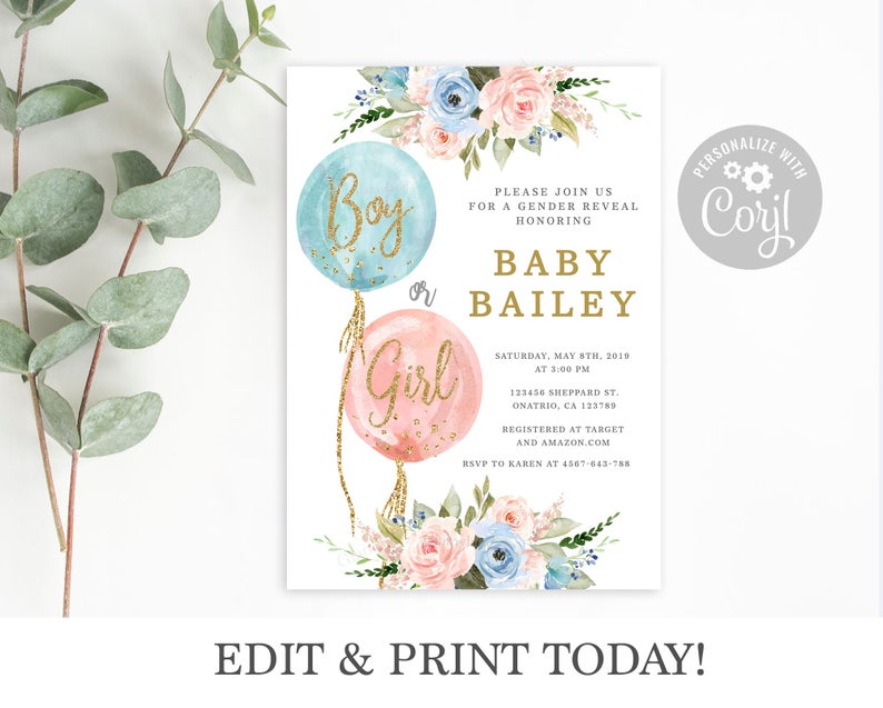 Gender reveal invitation, blue and pink, Balloon baby shower invite, Boy or girl, editable invite, she or he, Corjl, instant download