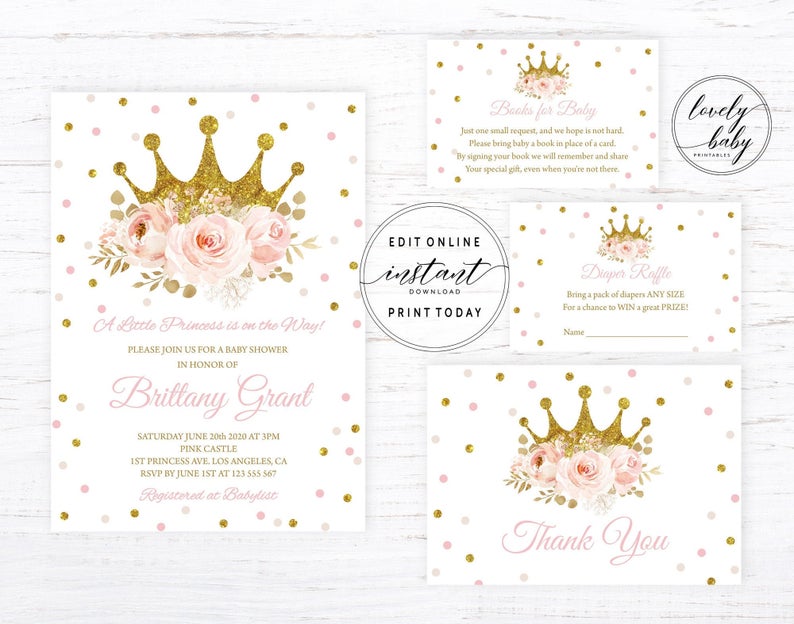 Editable Little Princess Baby Shower Invitation Template Printable Baby Shower Bundle Baby Girl Shower Suite Blush Pink Floral Gold Glitter
