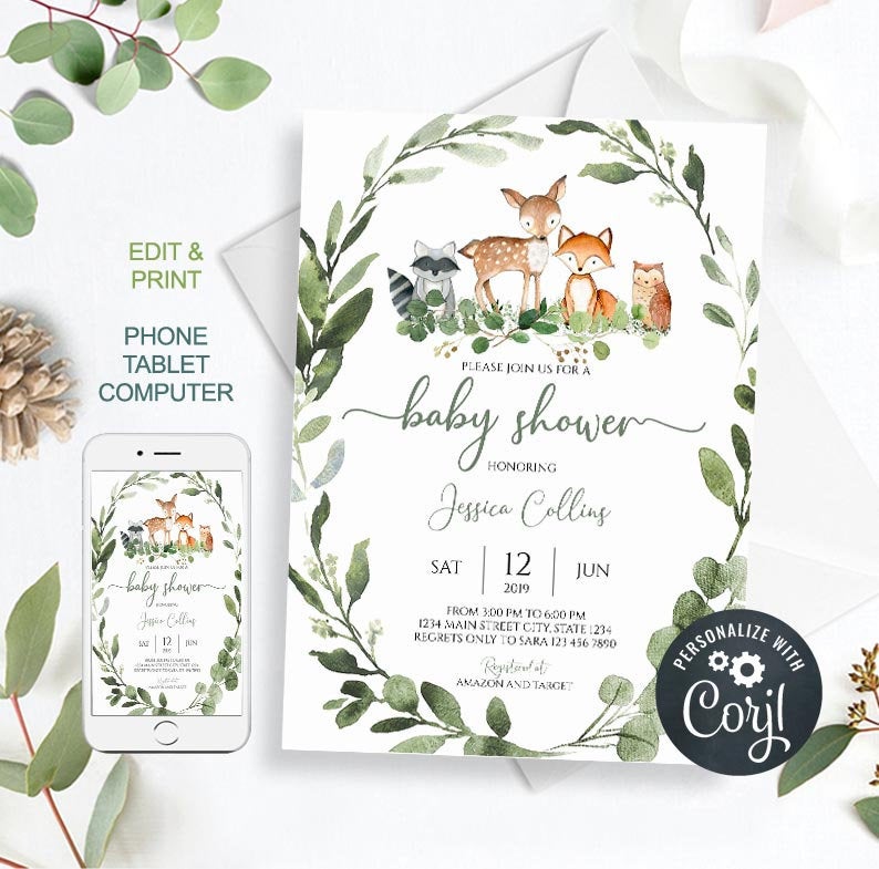 Woodland Baby Shower Invites Editable Baby Shower Invitations Woodland Baby Shower Invite Printable Instant Download Corjl Boy Girl byh876