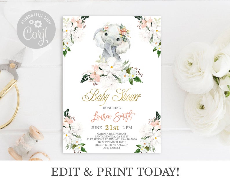 Elephant baby shower invitation, Baby shower Girl elephant invitation, instant download, floral jungle baby shower invite, instant download