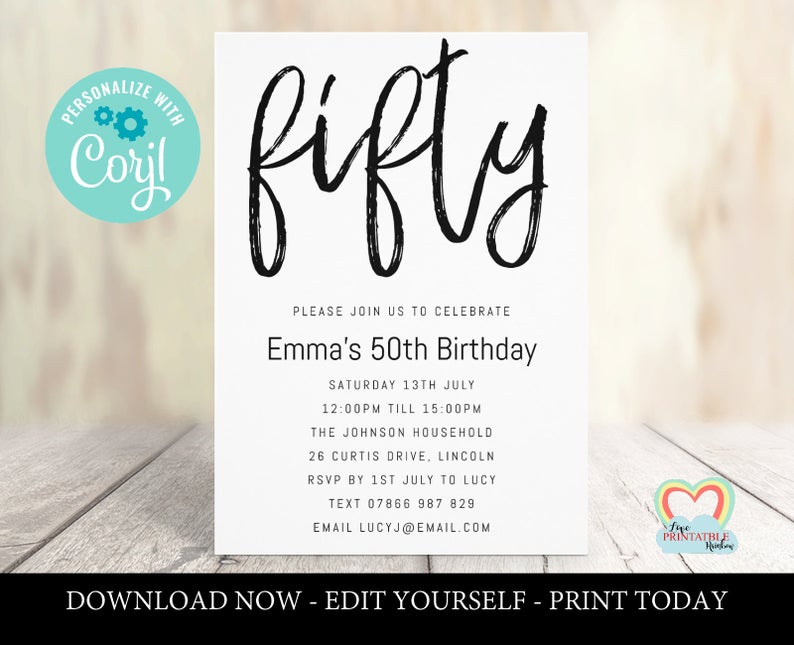 Printable 50th Birthday Invitation Black and white | Editable Template | 50 | fifty | 50th Birthday Invite | simple Invitation | minimal