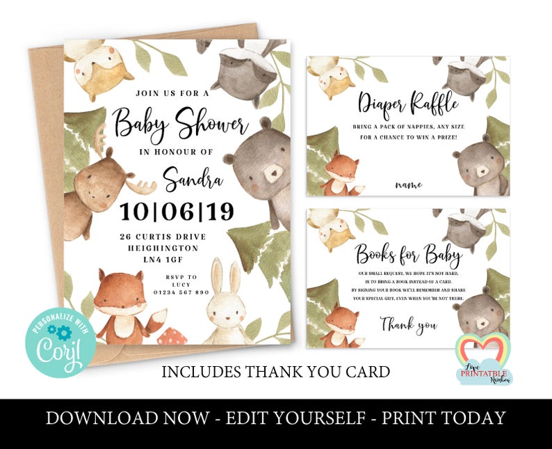 woodland baby shower invitation set printable forest animals editable boy baby shower invite gender neutral edit with corjl instant download