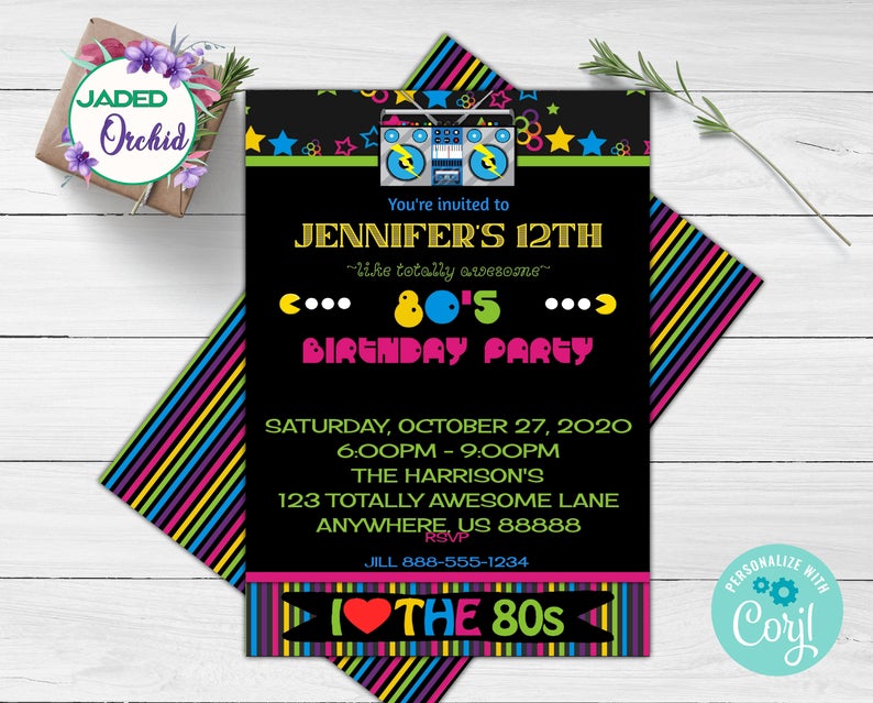 Neon Retro 80s Birthday Party Invitation, Retro 80s Birthday Invitation, 80s Party, Retro 80s Party, The 80s, Editable Template, Corjl