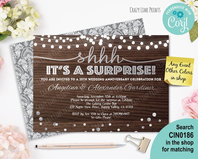 Surprise 25th anniversary invitation. Rustic wood silver wedding anniversary. EDITABLE printable PDF file. Corjl Instant download. CIN0186